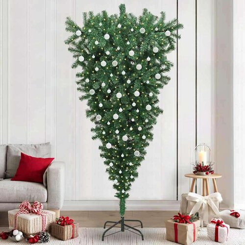 vidaXL Obrnjen umeten božičTree z nizom žogic Zelena 240 cm PVC Cene