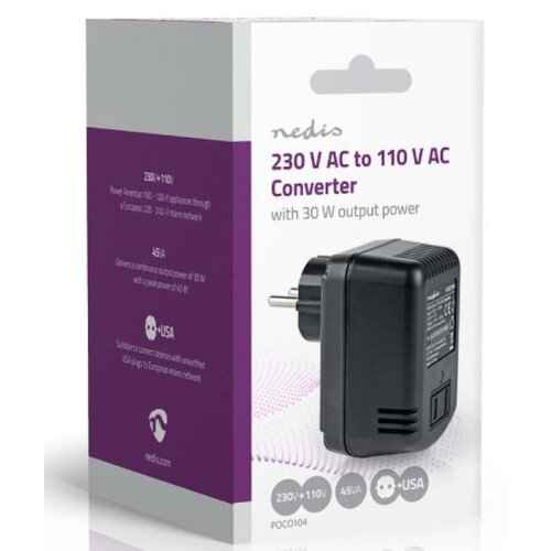 Nedis POCO104 Konvertor snage, 230V AC 50Hz, 30W, Euro, Black Omogucava upotrebu opreme iz SAD u Evropi Slike