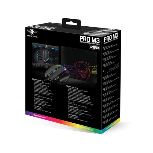 Spirit Of Gamer mi&amp;scaron;ka - PRO-M3 rgb (optična, 7200DPI, 8 gumbov, obtežena, sock kabel, črna) + podloga za mi&amp;scaron;ko Slike