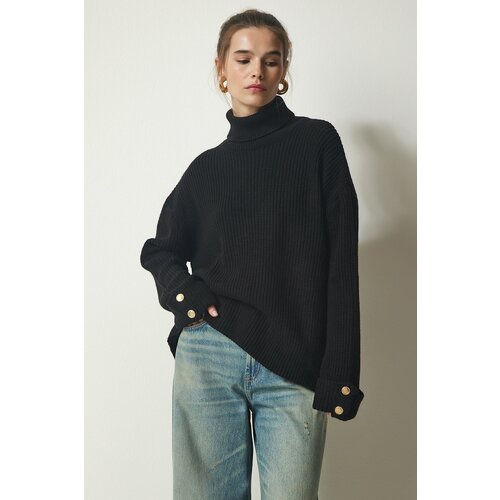 Happiness İstanbul Women's Black Button Detailed Turtleneck Oversize Knitwear Sweater Slike