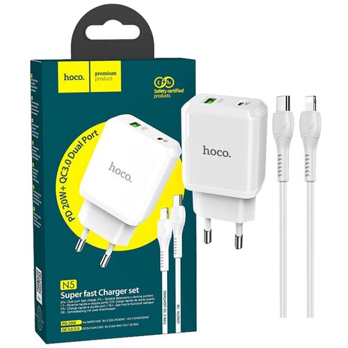hoco. Punjač kućni sa Lightning kabelom, brzi, PD 20W, QC3.0 18W – N5 Favor, type C-Lightning, White Cijene
