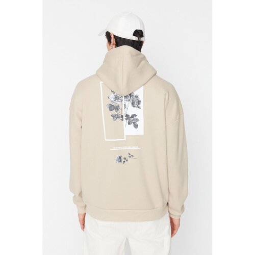 Trendyol Beige Men&amp;#039;s Oversize Hooded Long Sleeve Printed Sweatshirt Slike