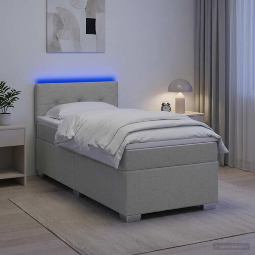  Krevet s box springom, madracem i LED-om Svjetlosiva Tkanina Cijene