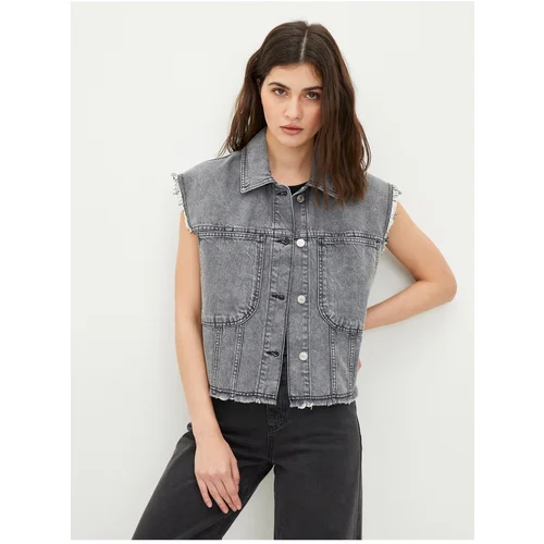 LC Waikiki Women's Rodeo Jean Vest with a Shirt Collar Plain, Pocket Detailed.