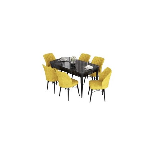 Hanah home eva - black marble, mustard black marblemustard extendable dining table & chairs set (7 pieces) Cene