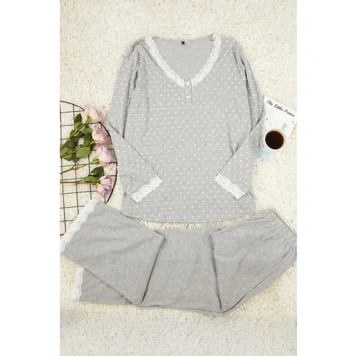 Trendyol Curve Gray Polka Dot Collar Lace Detailed Knitted Pajama Set