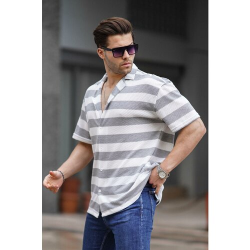 Madmext Men's Gray Striped Short Sleeve Shirt 6730 Slike