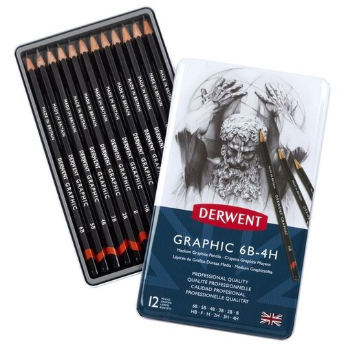 DERWENT Graphic Medium set grafitnih olovaka 6B&amp;ndash;4H, 12 komada u metalnoj kutiji (34214) Slike