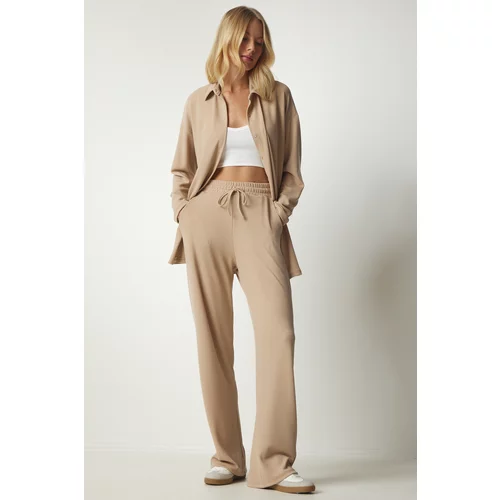 Happiness İstanbul Women's Beige Camisole Oversize Shirt and Pants Suit