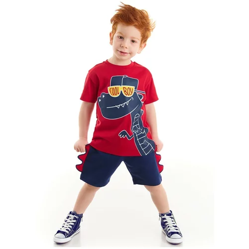 Denokids Cool Dinosaur Boys Child Red T-shirt Navy Blue Shorts Set