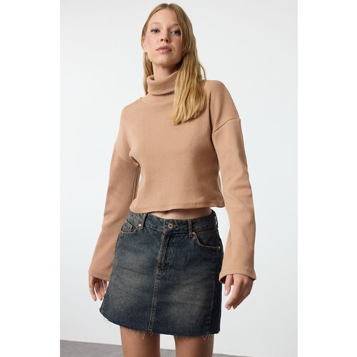 Trendyol Mink Fitted High Collar Crop Stretchy Knitted Blouse Slike