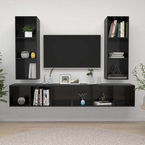The Living Store Stenska TV omarica 4 kosi visok sijaj črne barve iverna plošča - TV Omarica, (21376446) Cene