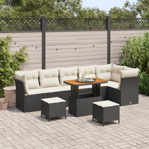 vidaXL 9 delni vrtni sofa set z blazinami Črna Poli ratan Akacija, 3 delni vrtni jedilni set z blazinami Črna Poli ratan Akacija Cene