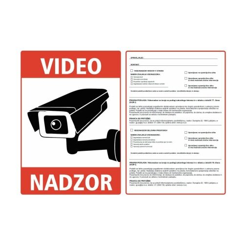 TECHTRADE Nalepka &amp;quot;VIDEONADZOR&amp;quot; A5 (190x133) rdeča + 77. in 78. člen ZVOP-2 Slike