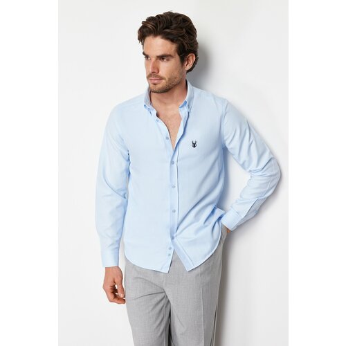 Trendyol light blue men's slim fit embroidered shirt Cene