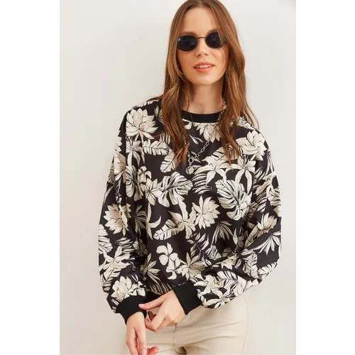 Olalook Women's Floral Black Basic Soft Textured Casual Sweatshirt