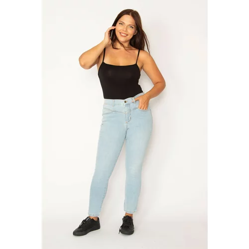 Şans Women's Plus Size Blue Lycra Jeans with Cup Detail on the Front and Elasticated Side Belt