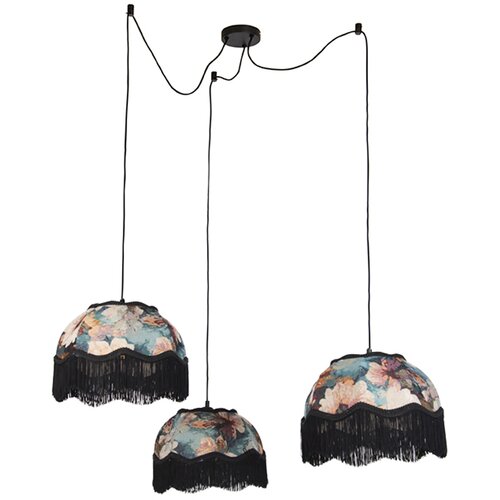 QAZQA Hanglamp zwart met bloemen kap en witte binnenkant 31,5cm 3-lichts - Cava Cene