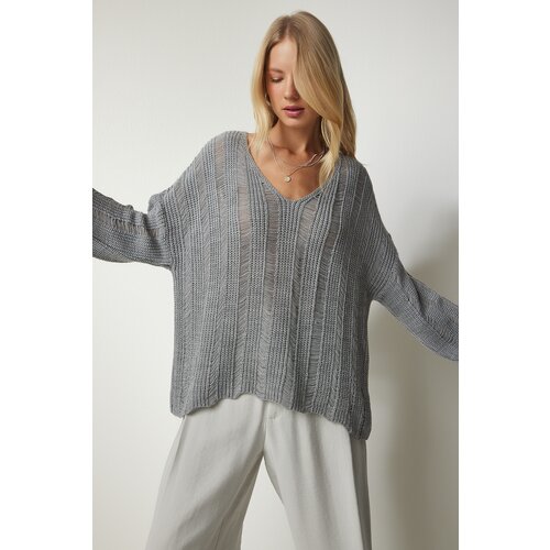Happiness İstanbul Women's Gray Torn Detailed Oversized Knitwear Sweater Slike
