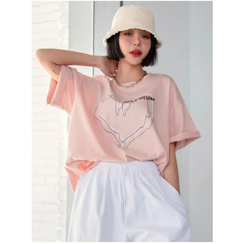 K&H TWENTY-ONE women's Striped Figure Heart Powder Pink T-shirt with Have A Holiday Print Slike