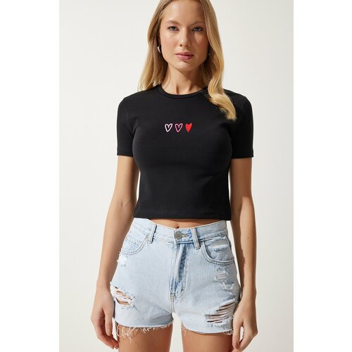Happiness İstanbul Women's Black Heart Embroidered Crop Knitted T-Shirt Slike