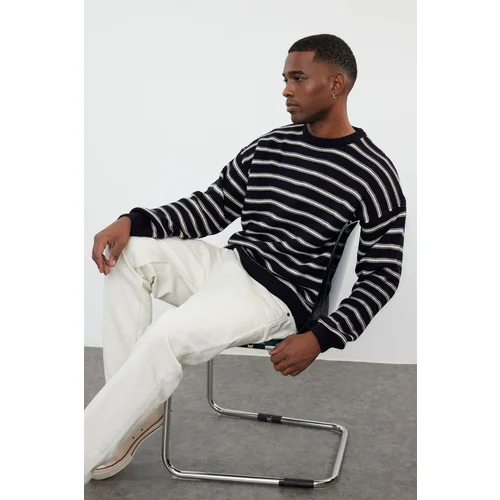 Trendyol Navy Blue Oversize Crew Neck Striped Knitwear Sweater