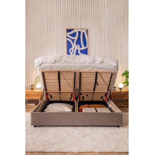Bonami Selection Bež oblazinjena zakonska postelja s prostorom za shranjevanje z letvenim dnom 160x200 cm Myra Slim Line &amp;ndash; Slike