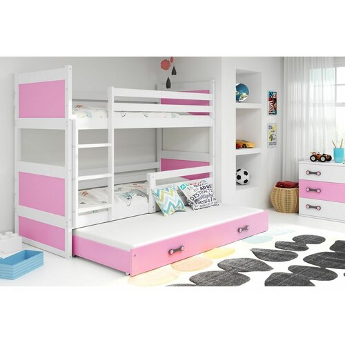 Rico drveni dečiji krevet na sprat sa tri kreveta - beli - rozi - 190x80 cm DED9Q3N Slike