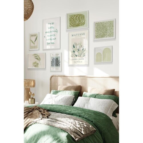 Wallxpert set od 8 uramljenih slika Çgs-030, zeleni motivi – matisse plakati, listovi, lukovi i inspirativni citat, beli ram Cene