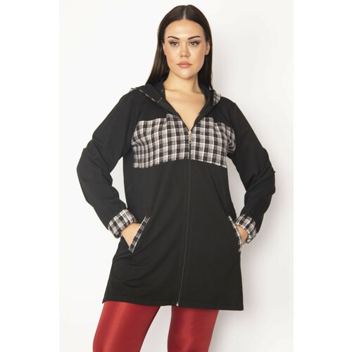 Şans Women's Plus Size Black Plaid Pattern Detailed Hooded Coat Cene