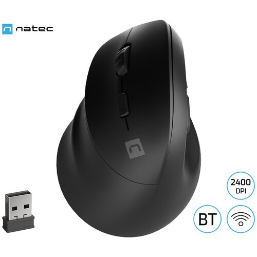 Natec crake 2 vertikalna brezžična miška, 2400DPI, ergonomska, bluetooth / usb 2.4GHz, 6 gumbov, za levičarje, 1x aa baterija, črna, (21050554) Cene