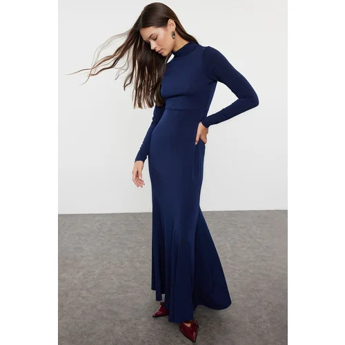 Trendyol Navy Blue Straight Fitted Maxi High Collar Stretchy Knitted Dress