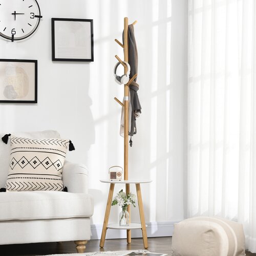 HOMCOM Talni obešalnik v predsobi iz MDF in aluminija s 5 bambusovimi kavlji in okroglo mizico, 39,5x39,5x171 cm, lesena in bela barva, (20755406) Cene