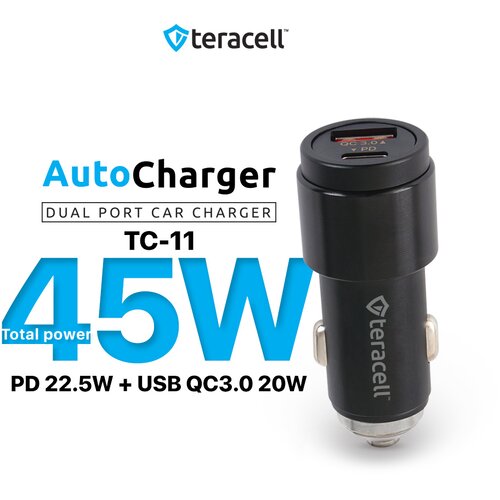 Teracell Auto punjač Evolution TC-11 PD 22.5V + USB KC3.0 20V, 45V (ukupno) sa Tipe C kablom crni Slike