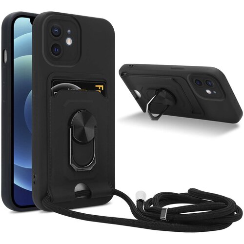 Cadorabo Verižica za mobilni telefon s funkcijo stojala, združljiva z Apple iPhone 12 v črna barvi - silikonski za&amp;scaron;čitni pokrov z nastavljivim trakom, (20859897) Slike