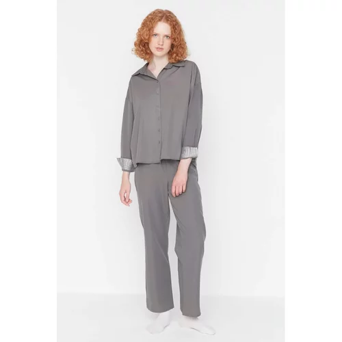 Trendyol Smoked Stone Detailed Oversize Woven Pajamas Set