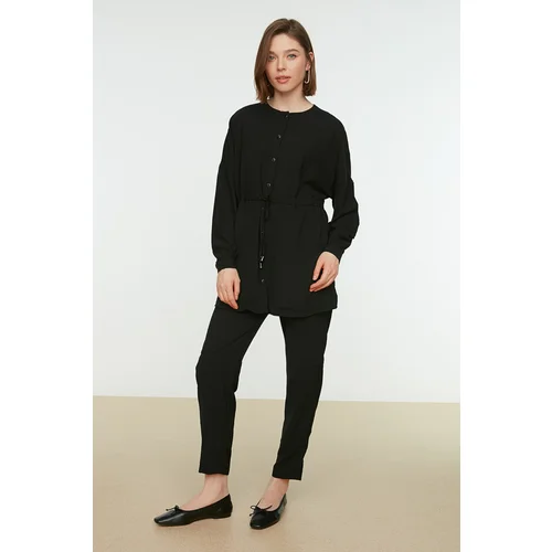 Trendyol Tie Waist Shirt-Pants Black Woven Suit