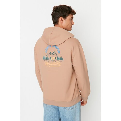 Trendyol Beige Men's Relaxed Fit Hooded Printed Long Sleeve Kangaroo Pocket Sweatshirt Slike