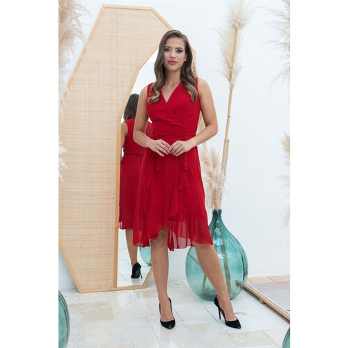 Carmen Red Chiffon Skirt Flounce Ribbed Short Evening Dress Slike