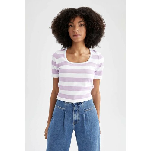 Defacto Slim Fit Striped Round Neck Short Sleeve Knitwear T-Shirt Slike