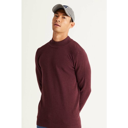 AC&Co / Altınyıldız Classics Men's Burgundy Recycle Standard Fit Half Turtleneck Cotton Patterned Knitwear Sweater Slike