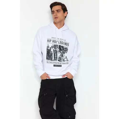 Trendyol White Men's Oversize/Wide-Fit Hooded Rap Music Printed Fleece Cotton Sweatshirt.