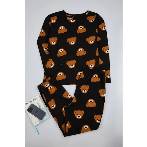 Trendyol Curve Black Teddy Bear Patterned T-shirt-Jogger Knitted Pajama Set