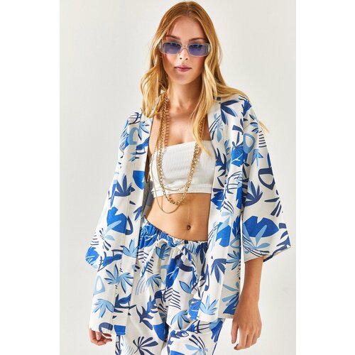 Olalook Women's Leaf Saxe-Blue Patterned Linen Kimono Slike