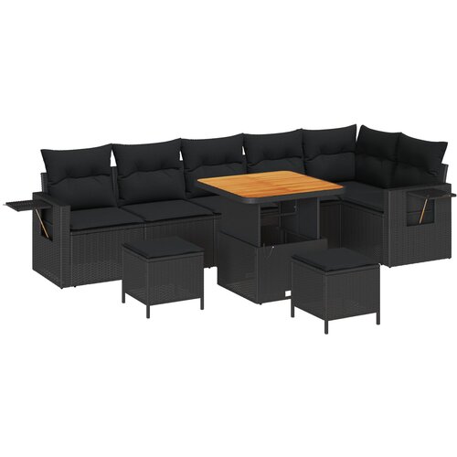 VidaXL 9 Komadni Set Sofa za Vrt s Jastučićima Crni Poli Rattan Akacija, 3 Komadni Set za Jelo za Vrt s Jastučićima Crni Poli Rattan Akacija Slike