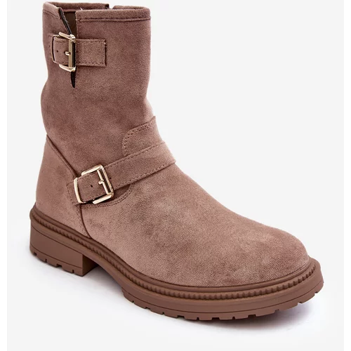 Kesi Women's flat heel boots with buckles, dark beige Bliggore