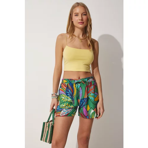 Happiness İstanbul Women's Tropical Green High Waist Summer Viscose Shorts