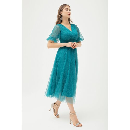 Lafaba Women's Turquoise Balloon Sleeve Silvery Evening Dress Cene