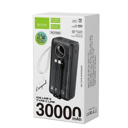 BAVIN Power Bank 30000 mAh 22.5W type USB A + type C crna Slike