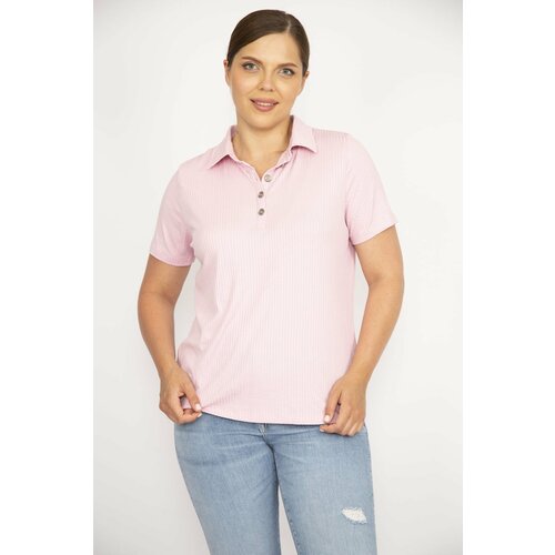Şans Women's Pink Plus Size Polo Neck Front Pat Buttoned Camisole Fabric Short Sleeve Blouse Slike